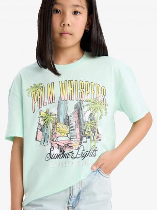 تی شرت دخترانه آبی فیروزه ای دفکتو