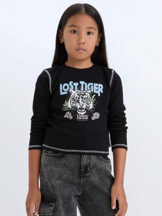 تی شرت آستین بلند دخترانه مشکی دفکتو