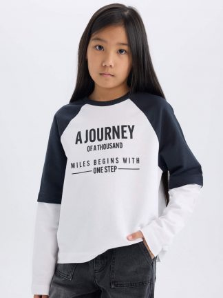 تی شرت آستین بلند دخترانه سفید دفکتو