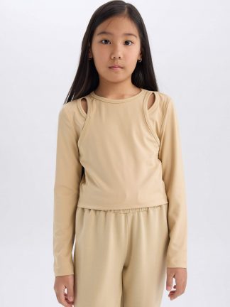 تی شرت آستین بلند دخترانه بژ دفکتو