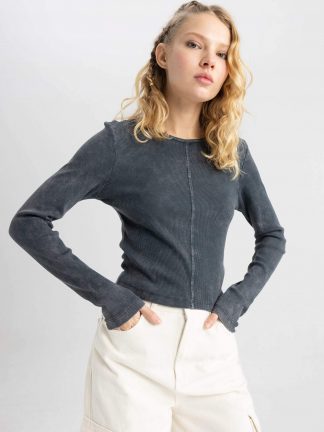 تی‌شرت آستین بلند زنانه خاکستری تیره دفکتو