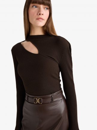 تی‌شرت آستین بلند زنانه قهوه ای دفکتو