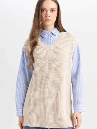 جلیقه بافت زنانه بژ دفکتو