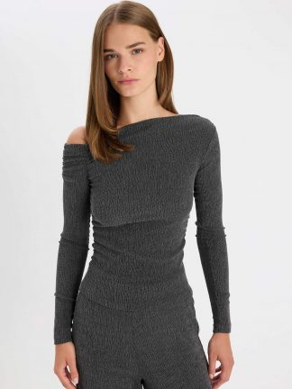 تی‌شرت آستین بلند زنانه خاکستری تیره دفکتو