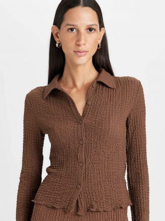 تی‌شرت آستین بلند زنانه قهوه ای دفکتو