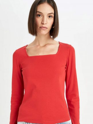 تی‌شرت آستین بلند زنانه قرمز دفکتو