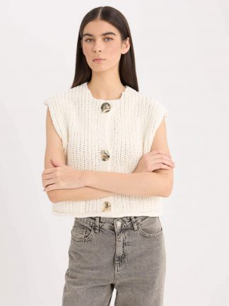 جلیقه بافت زنانه بژ دفکتو