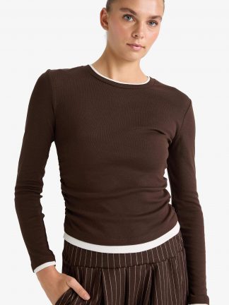 تی‌شرت آستین بلند زنانه قهوه ای دفکتو