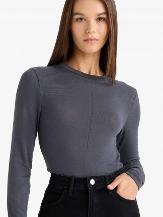 تی‌شرت آستین بلند زنانه خاکستری تیره دفکتو