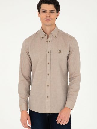 پیراهن آستین بلند مردانه خاکی روشن یو اس پولو