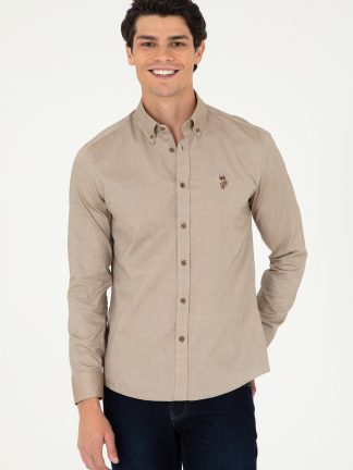 پیراهن آستین بلند مردانه خاکی روشن یو اس پولو