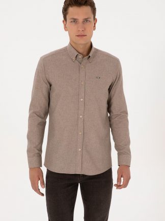 پیراهن آستین بلند مردانه شتری یو اس پولو