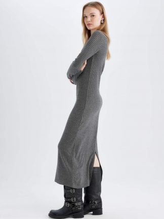 پیراهن بافت زنانه خاکستری تیره دفکتو تصویر ۱