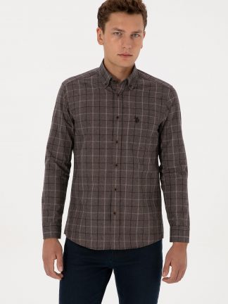 پیراهن آستین بلند مردانه قهوه ای یو اس پولو